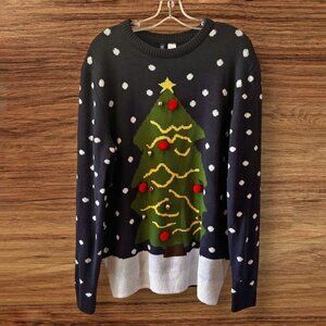 Christmas Tree Unisex Blue Red Green White Snow Jingle Bells Wool Sweater Large